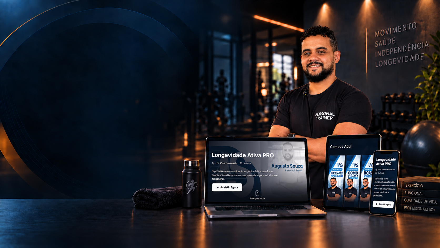 Mockup do Longevidade Ativa PRO e materiais para Personal Trainers